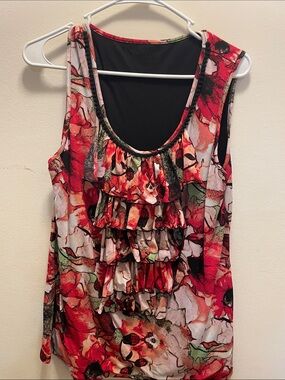 Sleeveless Ruffle Front Floral Tank Top - Red